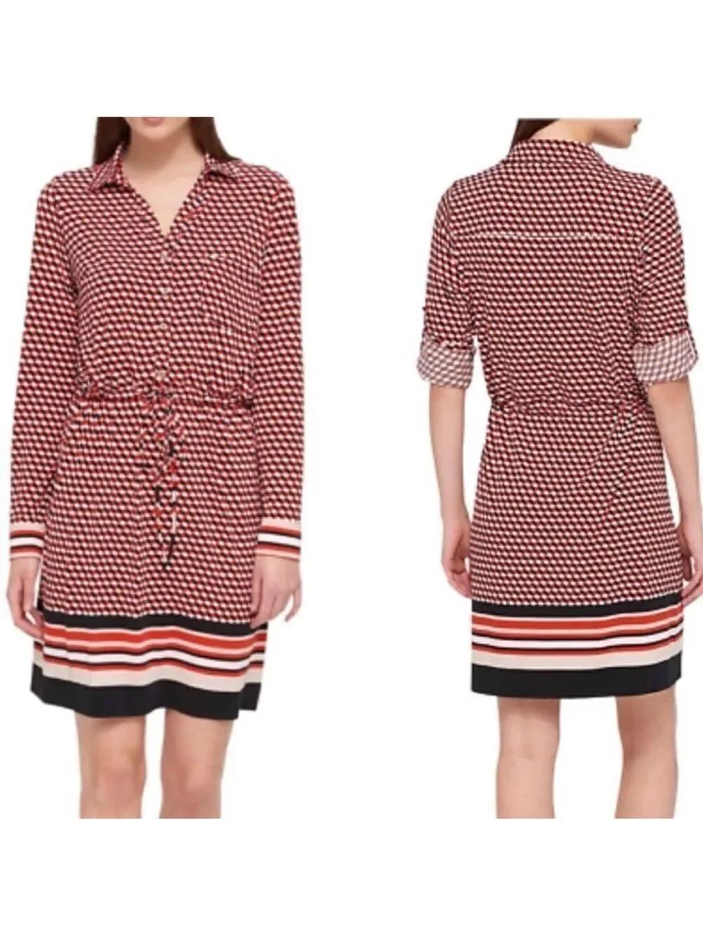 Tommy Hilfiger 10 Geometric & Stripes Jersey Long Sleeve Collared Shirt Dress